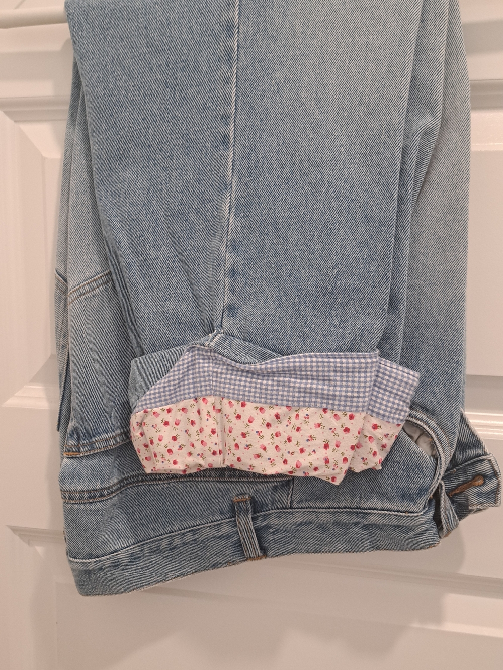 Light Wash Denim Jeans with Floral & Gingham Cuff Detail W/Camisole Top